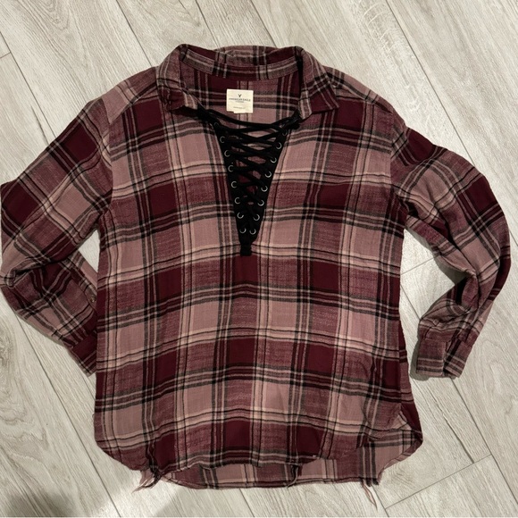 American Eagle Outfitters Tops - American Eagle Outfitters Burgundy Plaid Lace-Up Shirt